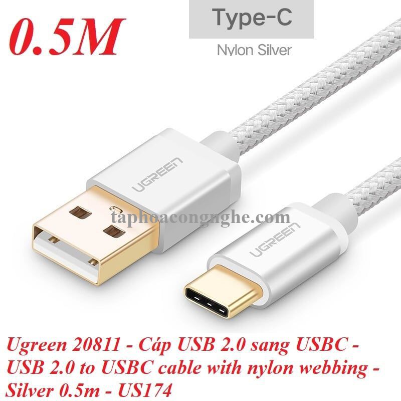 Ugreen 20811 0.5M màu Trắng Dây USB 2.0 sang Type-C đầu nhôm dây bọc vinyl US174 30020811